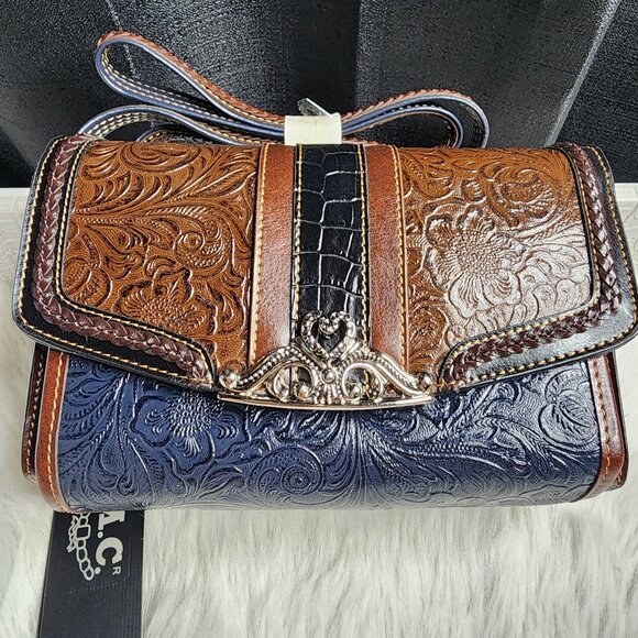 Vintage 90s MC Marc Chantal Navy and Brown Tooled Leather Crossbody bag - Picture 1 of 15